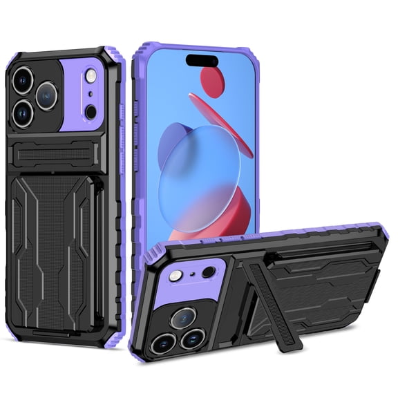 Heavy Duty Case for iPhone 17 Pro Max Rugged Wallet Cover with Credit Card Holder Kickstand, Military Grade Dual-Layers Shockproof Lens Protection Case for iPhone 17 Pro Max, Purple