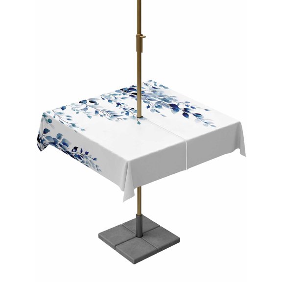 Outdoor Tablecloth with Umbrella Hole for Patio/Picnic/Party/Camping, Blue Eucalyptus Waterproof Table Cloth Square Cover Washable, Weeping Botanical Leaf Watercolor (60"x 60")