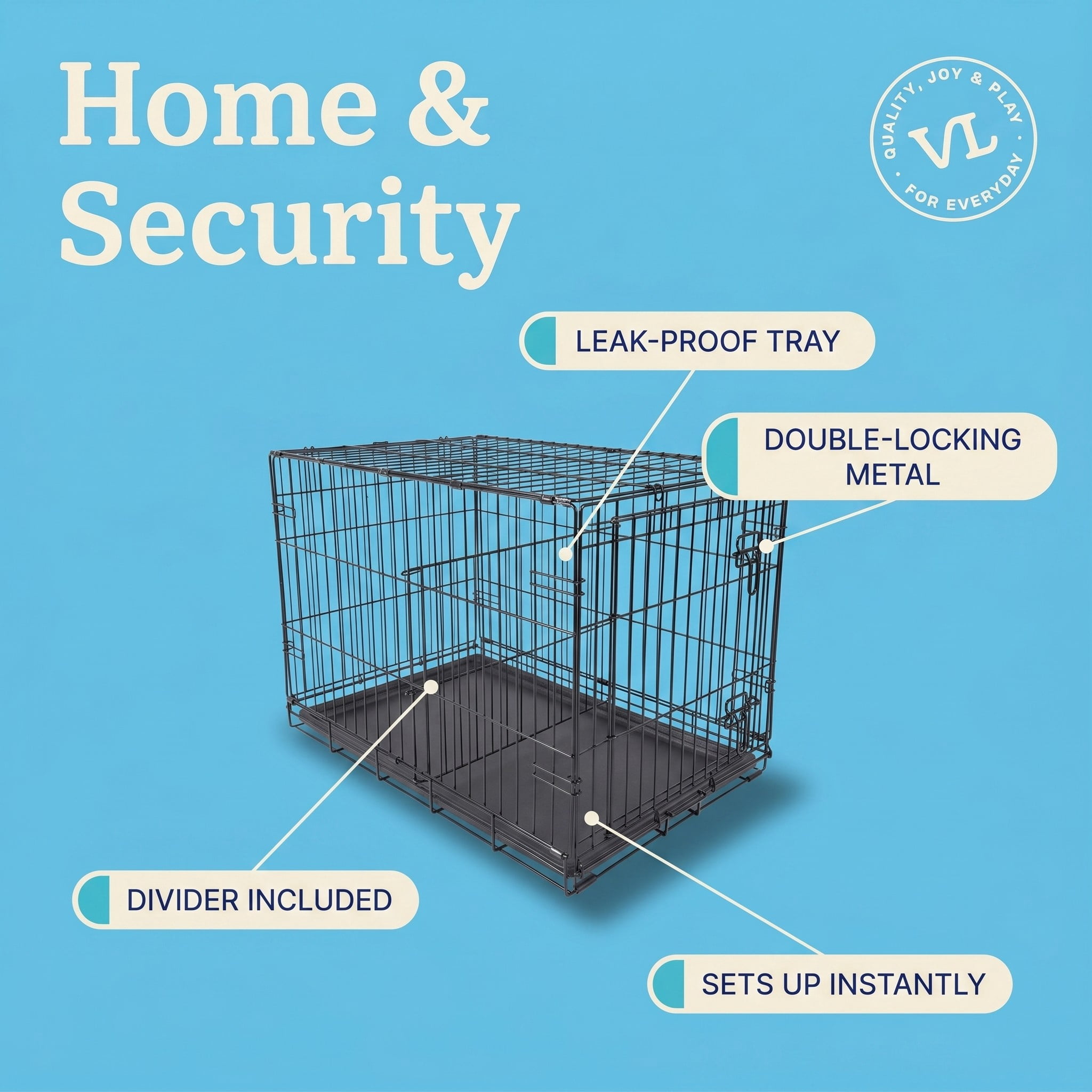Vibrant Life Foldable Metal Dog Training Crate with Divider Panel and Leak-Proof Tray, 30 in