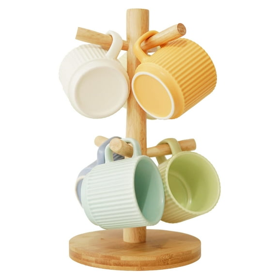 sruoe Mug Holder, Coffee Mugs Holder, Mug Tree, Wood Coffee Cup Rack with 6 Hooks Stand for Countertop Coffee Bar Accessories and Decor, Natural Color