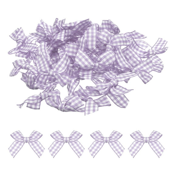 Unique Bargains 50Pcs Mini Gingham Ribbon Bow Checkered Fabric Satin Ribbon Flower Bows Craft DIY Sewing Light Purple and White