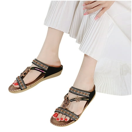 

Boho Slide Sandals for Women Girls Dressy Low Wedge Thong Sandals Casual Toe Ring Flat Sandals Cute Summer Bohemian Travel Flip Flop Sandal Shoes