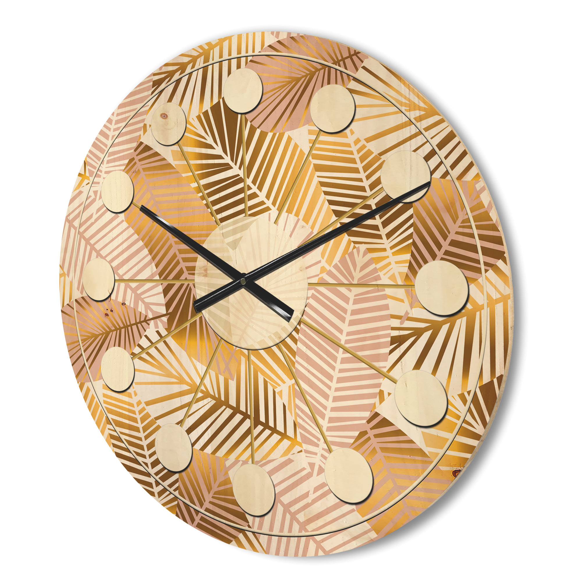 Designart 'Palm Golden Leaves II' Mid-Century Modern Wood Wall Clock
