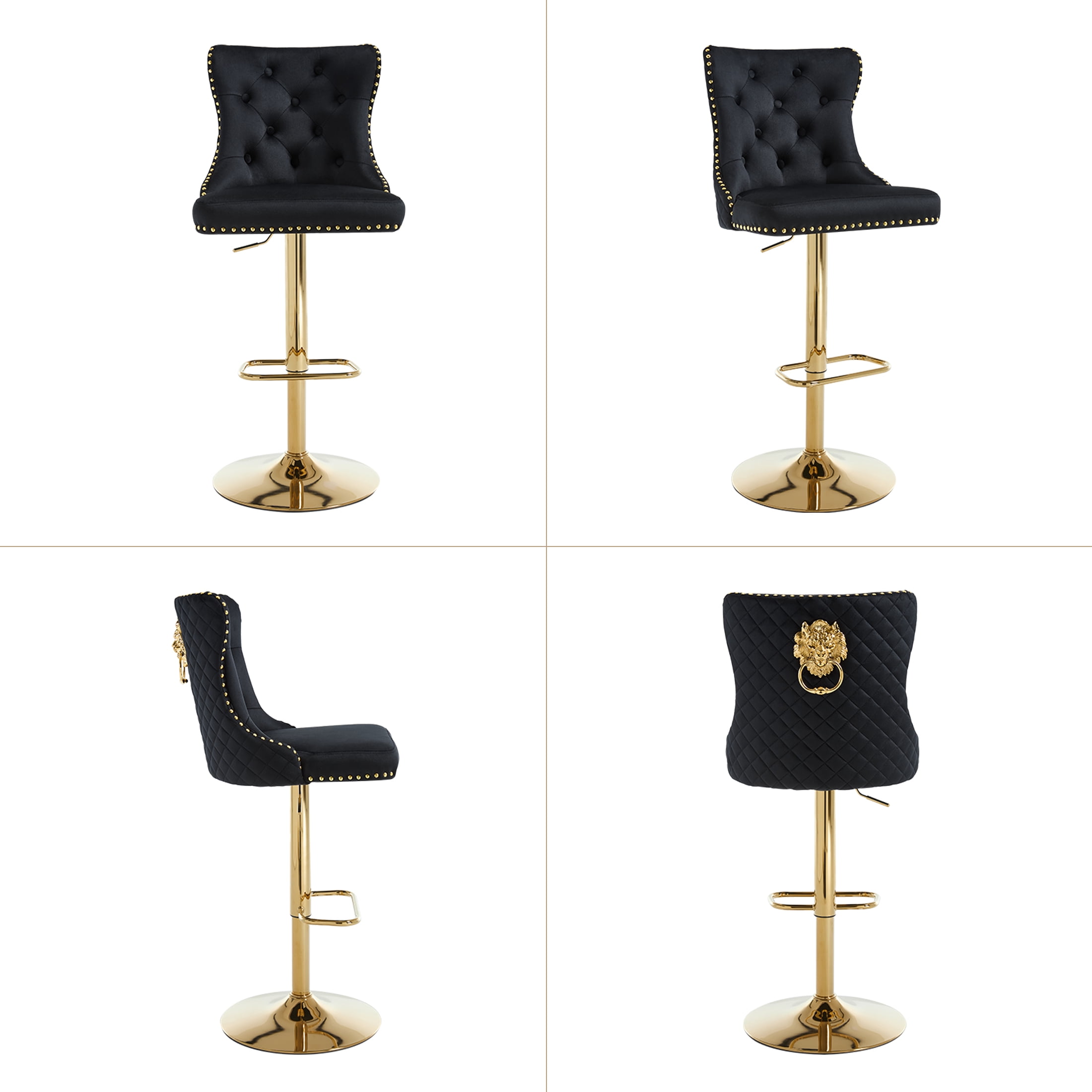Velvet Gold Bar Stools Set of 2 Modern Counter Height Bar Stools with Lion Pull Ring Tufted Back, Nailhead Upholstered Barstools for Home Kitchen Island, Swivel Adjustable Stool Chair in Black