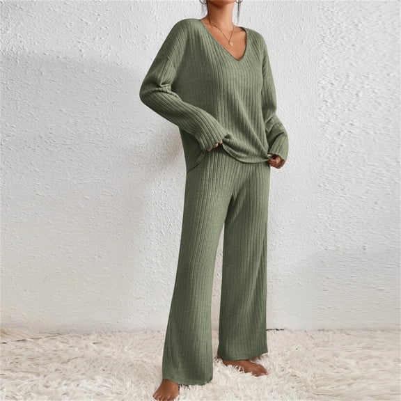 Tauxra Womens Fashion Tops,Womens Pants Casual,Long Sleeve Knit Set for Women, Solid Color V Neck Casual Pants,Womens Long Sleeve Tops