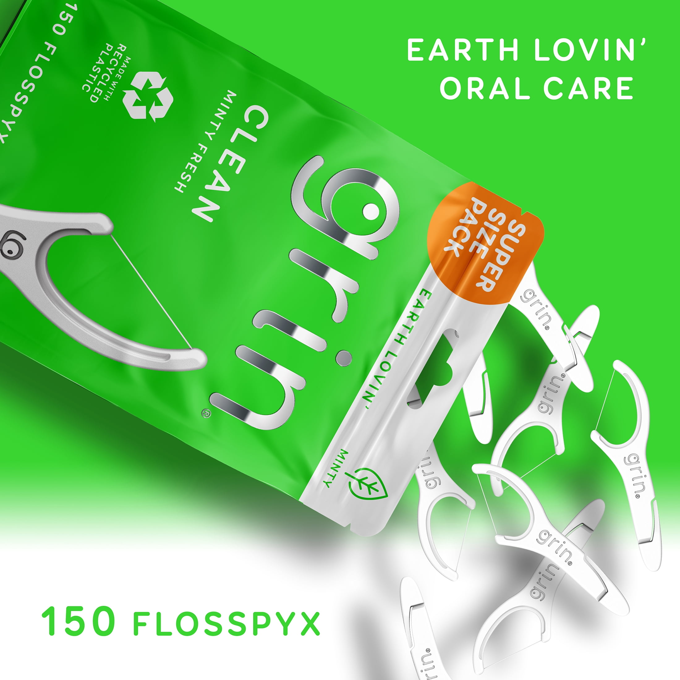 Grin Oral Care Clean Flosspyx Floss Picks, Dental Flossers with Minty Flavor, Super Strong Fine Floss, Recycled Plastic, 150 Count