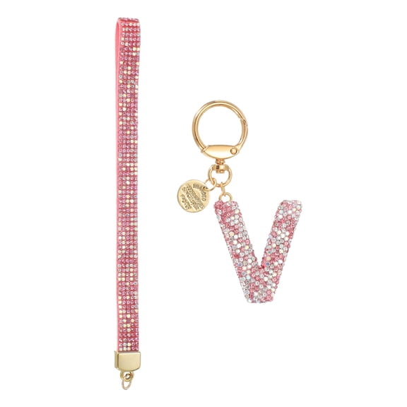 Initial Letter Keychain for Women, Rhinestone Alphabet V Key Chain Sparkly Keychain Charm with Heart for Backpack Handbag Car Key Accessories Lanyard, Pink