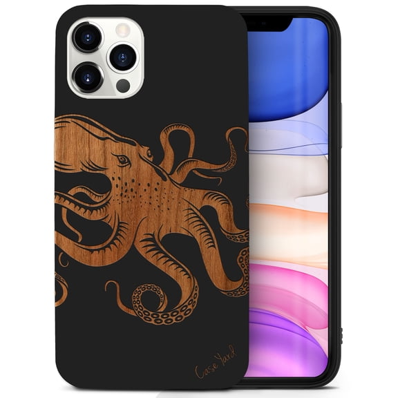 Case Yard Wooden Case for iPhone-12/12-Pro Soft TPU Silicone cover Slim Fit Shockproof Wood Protective Phone Cover for Girls Boys Men and Women Supports Wireless Charging Octopus Design