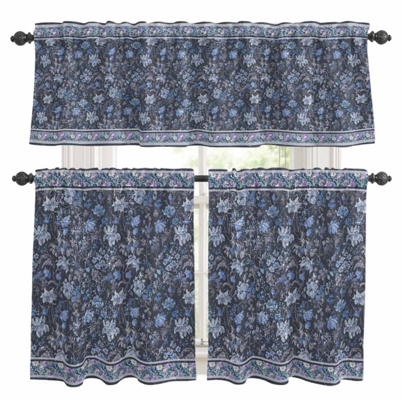 Navy Blue Floral Kitchen Curtains Sets for Windows 24 Inch Length, Ethnic Tribe Abstract Art Flowers Rod Pocket Window Treatments Tier Curtains and Valances Set for Bedroom/Bathroom