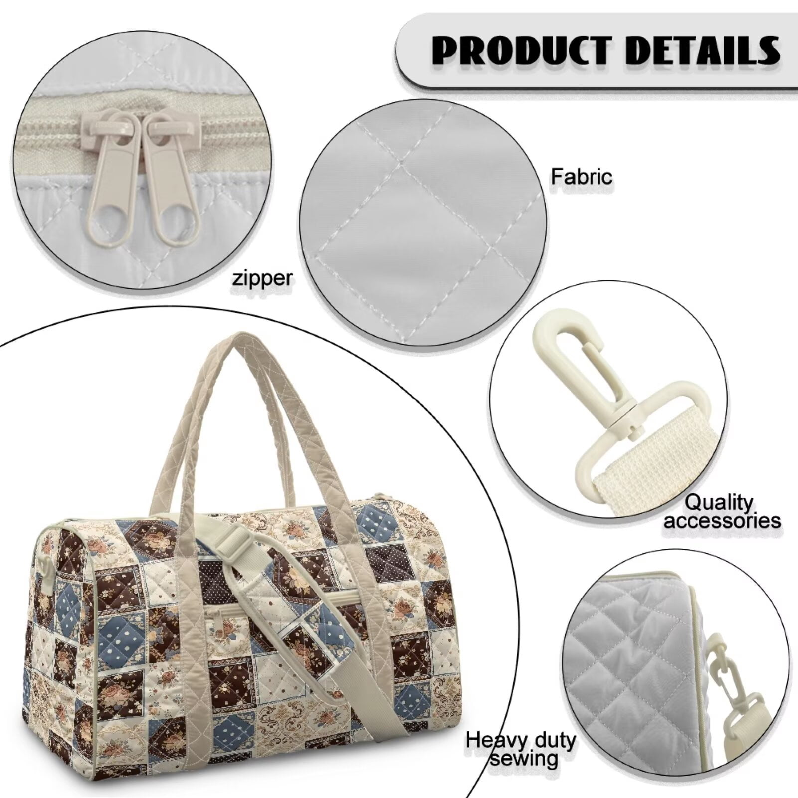 Chririnla Lightweight Fitness Bag for Women Large Capacity Athletic Duffle with Smooth Zipper & Luggage Handle Strap Fits Gym, Beige Floral Patchwork Print