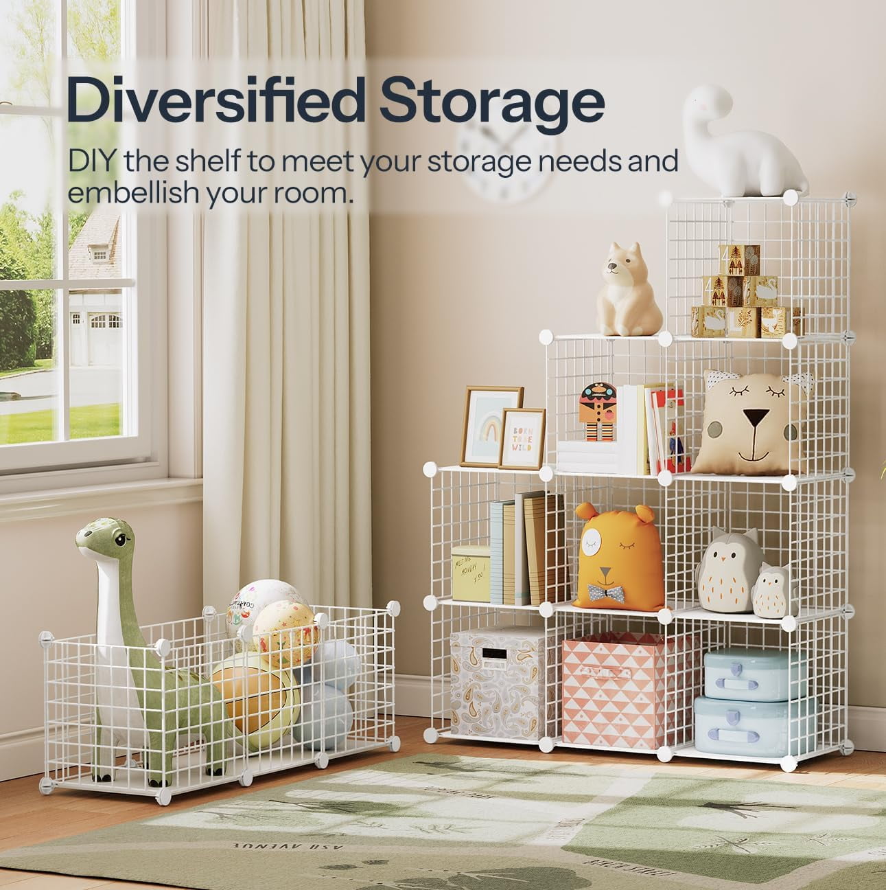 Cube Storage Organizer, Wire Cube Storage, 12-Cube Metal Grid Storage Shelf, Modular Cabinet, DIY Cube Bookshelf, for Living Room, Bedroom, Study, White