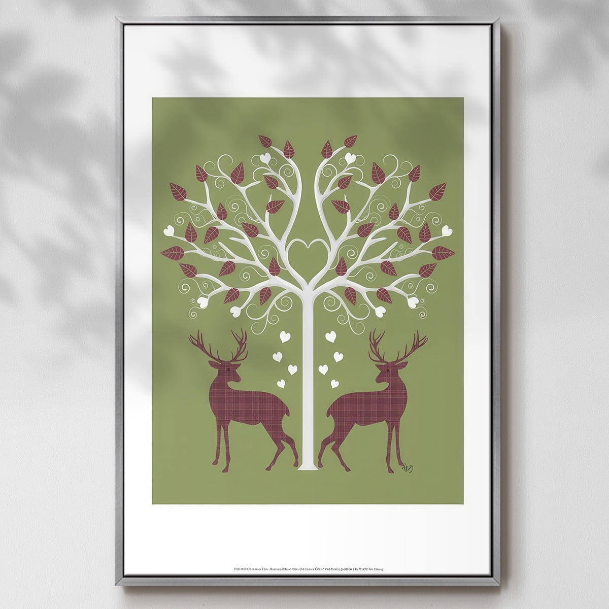 Christmas Des - Deer and Heart Tree, Pink On Green - Framed Gallery Wrapped Holiday Canvas - 25 x 37 - Silver Frame