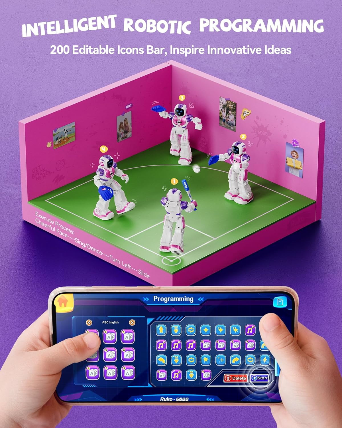 Ruko 6088 Programmable Robot with Gesture, Remote & APP Control, Rechargeable Robots Toys for Boys and Girls, Interactive LED Faces, Q&A Games, Gift for Kids 3–6, Pink