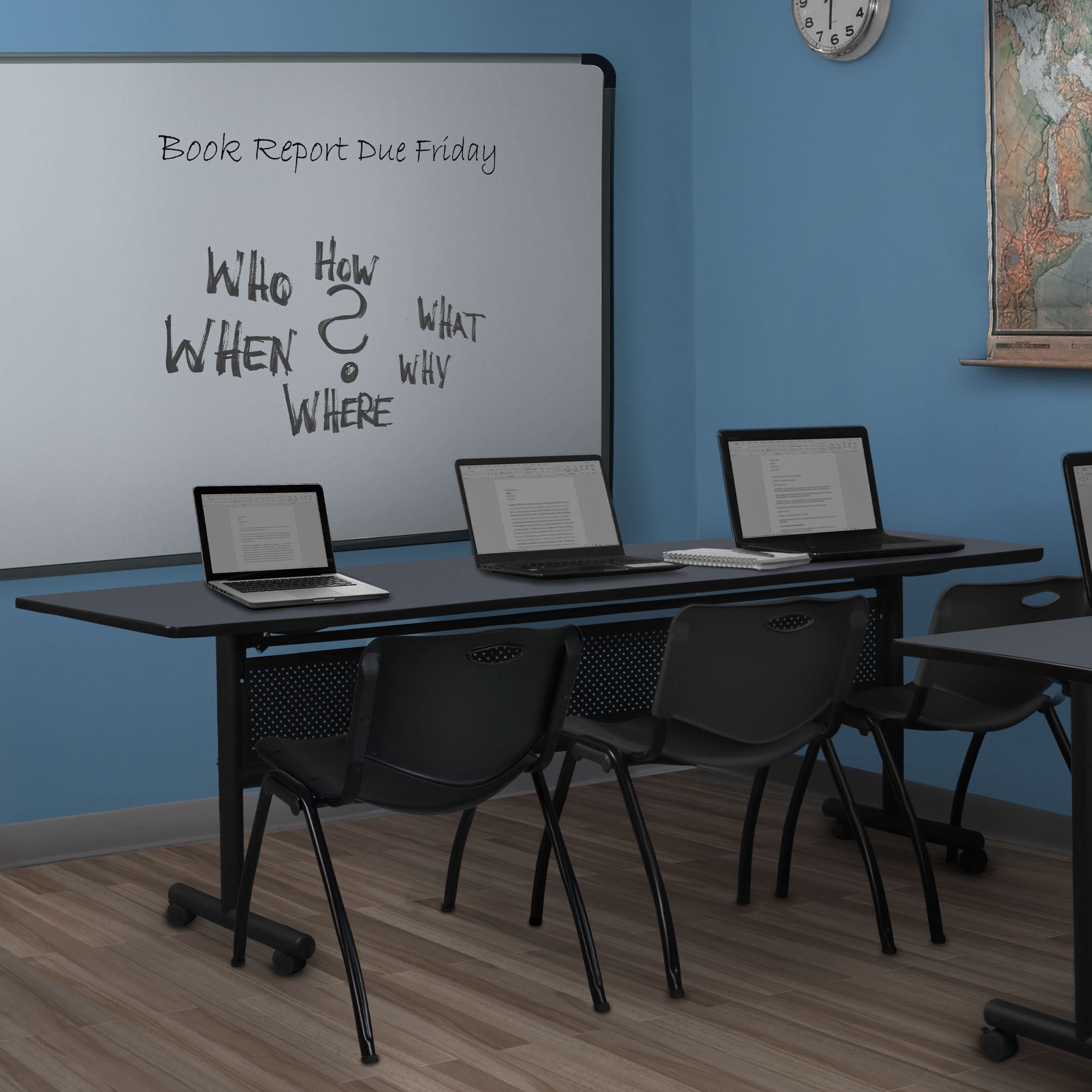 84" x 24" Flip Top Mobile Training Table w/ Divider- Grey & 3 Stack Chairs