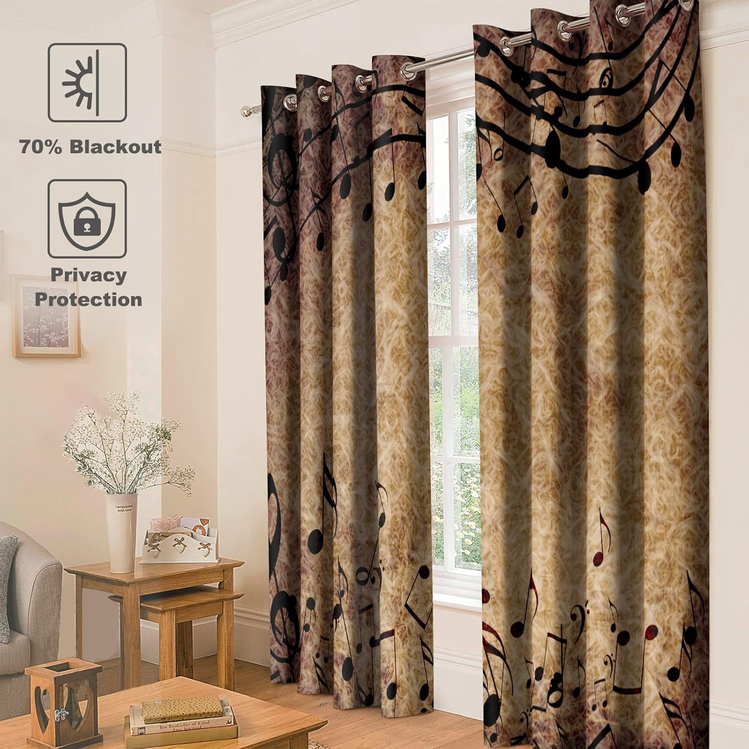 Retro Music Blackout Curtains - Musical Note Theme Printed Window Drapes Decor Music Lovers Bedroom Living Room Home Grommet Window Drapes 2 Panel Set 52" x 63"
