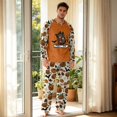 thumbnail image 3 of Men's Halloween Pajama Set Long Sleeve Raglan Soft Cotton Loungewear with Letter Top & Full Length Pants for Home Night Beige L, 3 of 6
