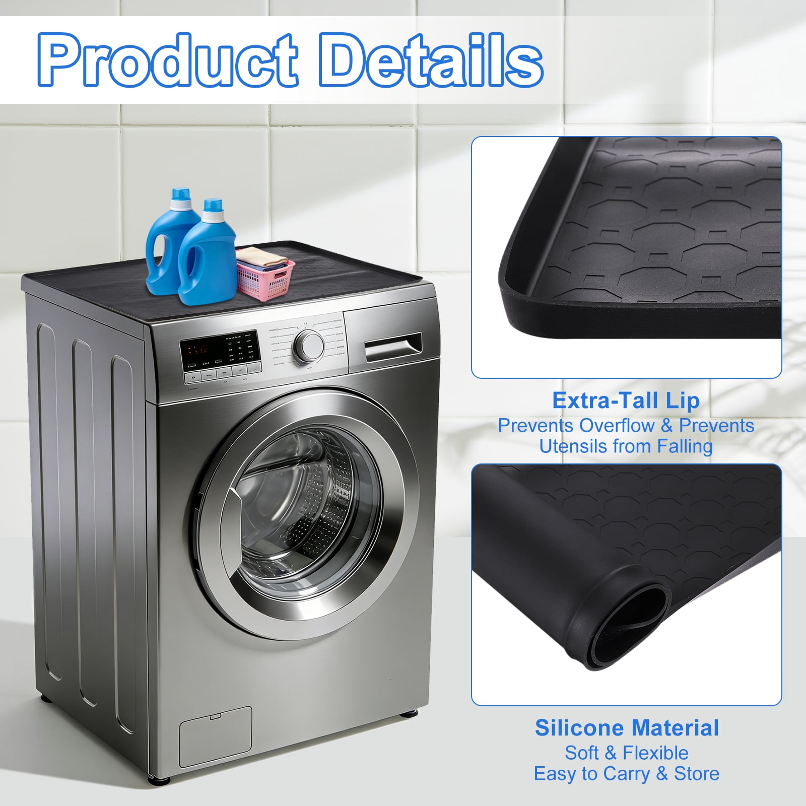 Uxcell 2Pcs Washer and Dryer Top Protector Mat (19.7" x 19.7") - Non-Slip Heat-Resistant Leak-Proof Washable, Silicone Washing Machine Top Cover Pad for Home/Kitchen/Laundry Room, Black