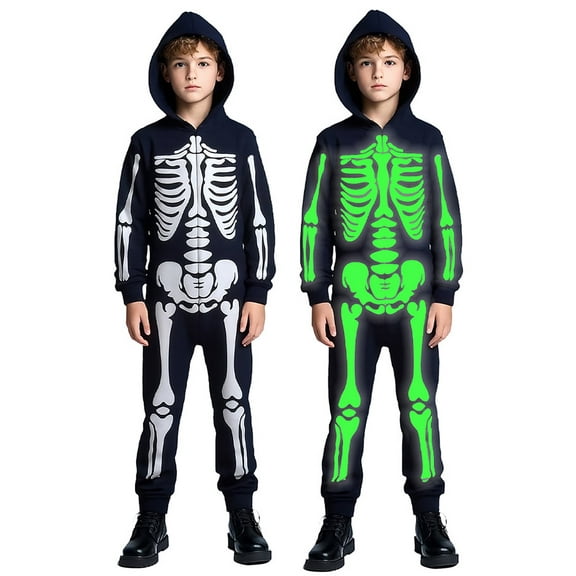 WIBACKER Glow-in-the-Dark Skeleton Costume for Boys and Girls, Halloween Fancy-Dress Jumpsuit Outfit for Children Aged 3-10 Years