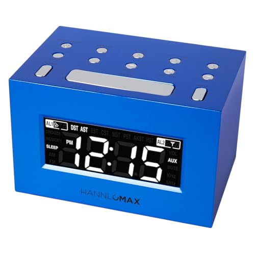HANNLOMAX HX-111CR Radio despertador, radio PLL AM/FM, alarma dual, pantalla LED blanca, horario de verano automático, conector auxiliar. (Azul)