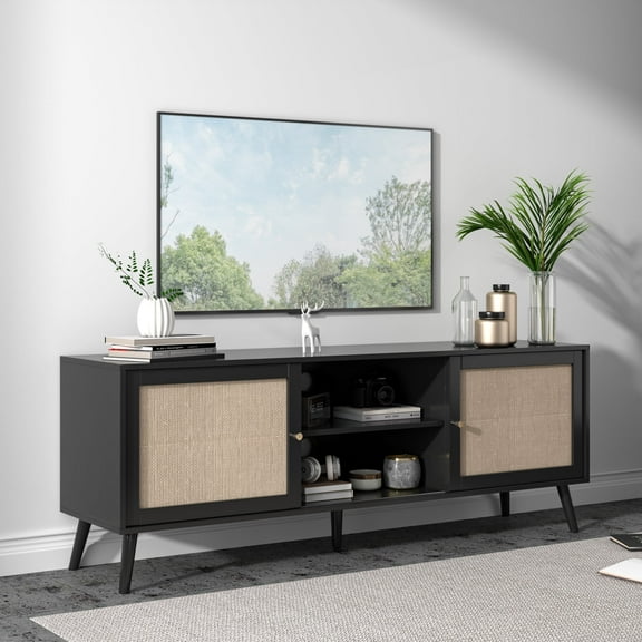 TV Stand for TVs up to 75'', Boho TV Console with Rattan Door, Shelves & 2 Cabinets, Entertainment Center for Living Room, Black