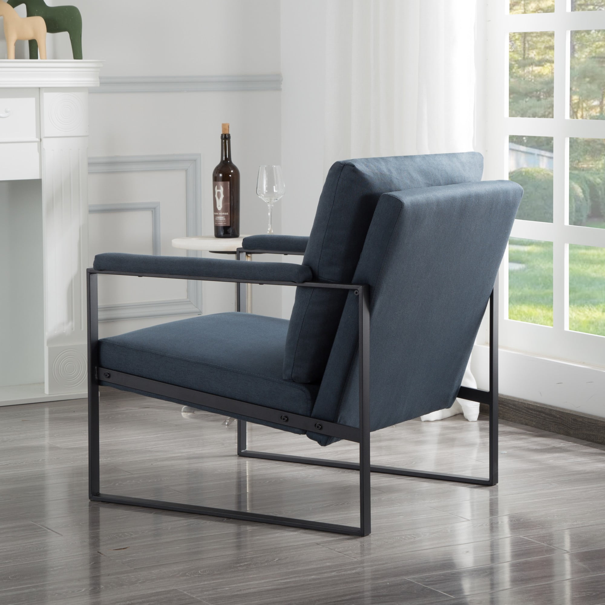 Gewnee Dark Blue 26.8” Metal Frame Accent Armchair, Linen Blend Upholstery with Removable Cushion for Home Office Study