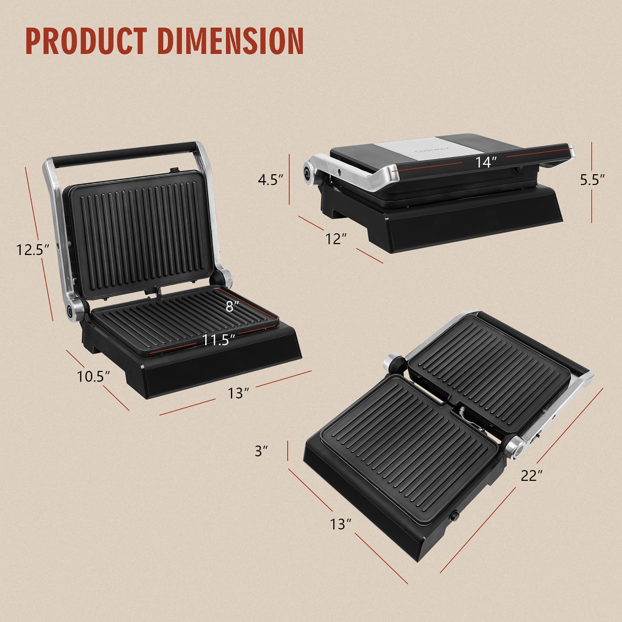 COSTWAY Panini Press, 1200W Sandwich Maker With LED Touch