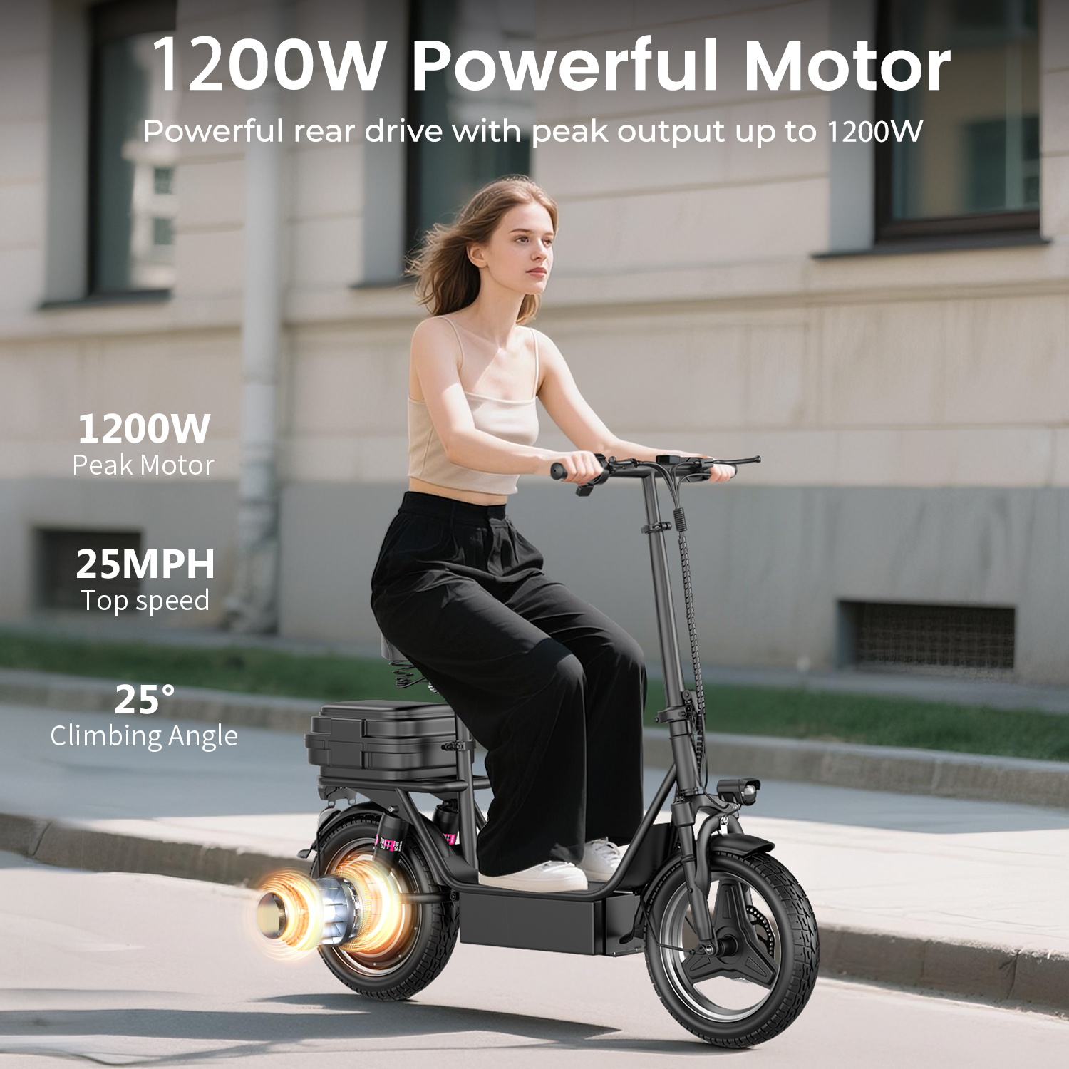 Electric Scooter with Seat, Peak 1200W, 25 MPH and 45 Miles, 14" Tire,48V 16.5AH 500Wh Battery Dual Shock Absorbing Scooter with Basket Box,E Scooter for Adults Commuter & Urban Travel