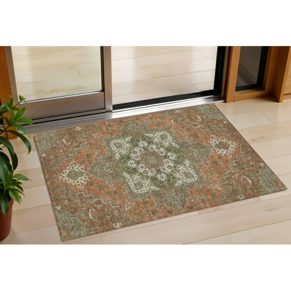 3' X 5' Rust Green And Brown Oriental Washable Indoor Outdoor Area Rug