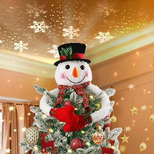 wonima02 Christmas Snowman Tree Topper Projector, Lighted 3D Snowman Hat with Rotating LED Snowflake Projection, Unique Holiday Tree Decoration for Christmas Party, Home Festive Décor