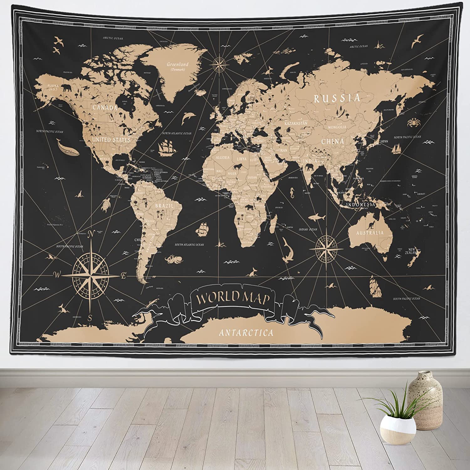 Retro World Map Tapestry Geographical Distribution Travel Map Black 