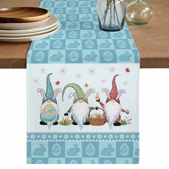 Table Runner 120 Inches Long for Kitchen Dining, Happy Easter Dresser Scarf Farmhouse, Dining Table Decorations for Wedding/Parties, Cute Gnomes Eggs Blue Bunny Flowers Border 13 x 120 In