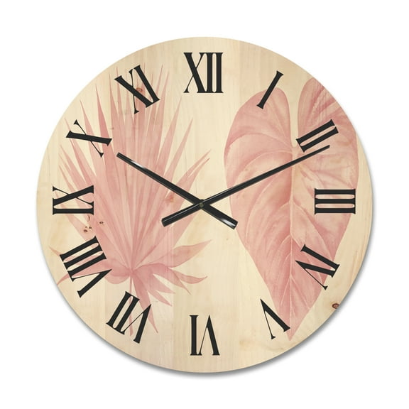 Designart 'Tropical Pink Watercolour Leaves On White II' Shabby Chic Wood Wall Clock