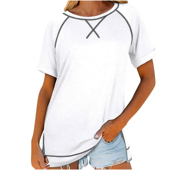 JSKUMAR Casual Loose Short Sleeve Basic Tops for Women Cotton Soft Comfy Round Neck Tunic T-Shirts Side Split Blouses Pullover Tees White,XL