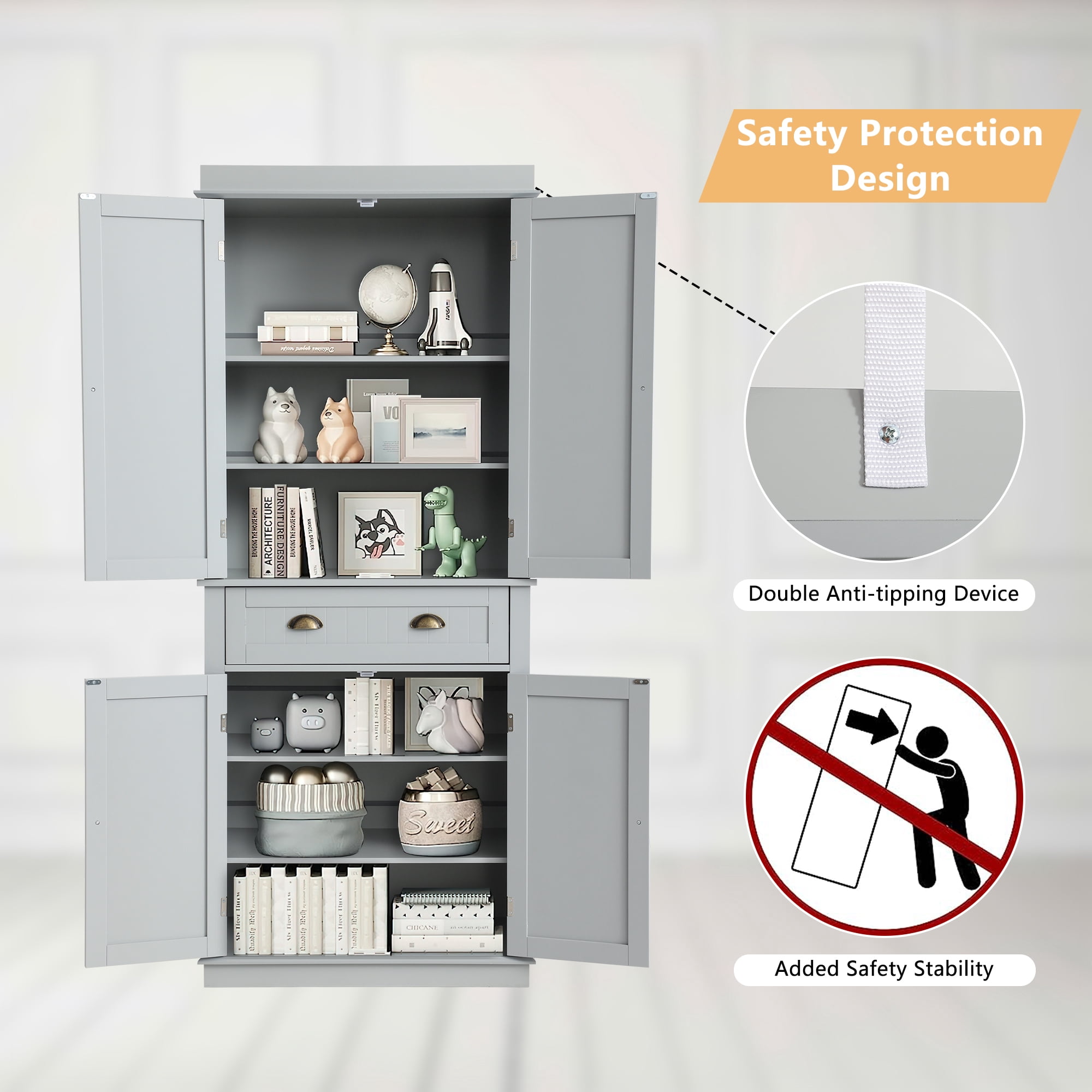 KIGOTY 72'' Tall Kitchen Pantry with 4 Doors, Large Drawer,Adjustable Shelf, Pantry Storage Cabinet for Dining Room Living Room, Kitchen,Grey