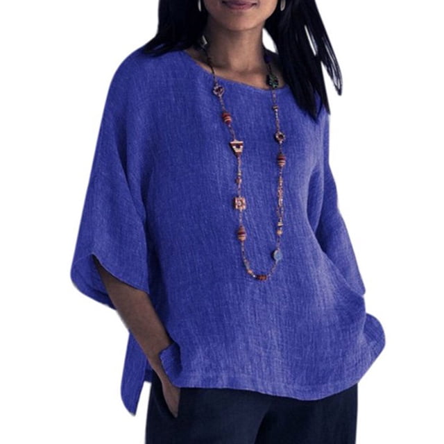 tredstone Vêtements pour Femmes Chemise à Manches 3/4 Col Rond Coton Lin Haut Décontracté, Bleu, L