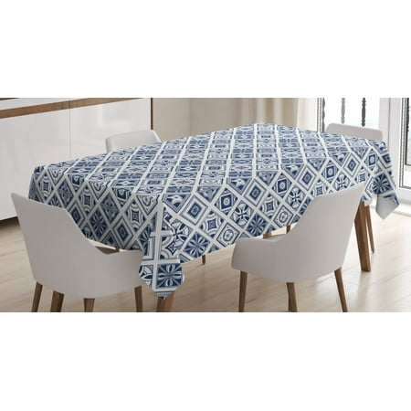 

Navy Blue Tablecloth Mediterranean Traditional Art Elements with Spanish Portuguese Influences Rectangular Table Cover for Dining Room Kitchen 60 X 84 Inches Dark Blue White by Ambesonne