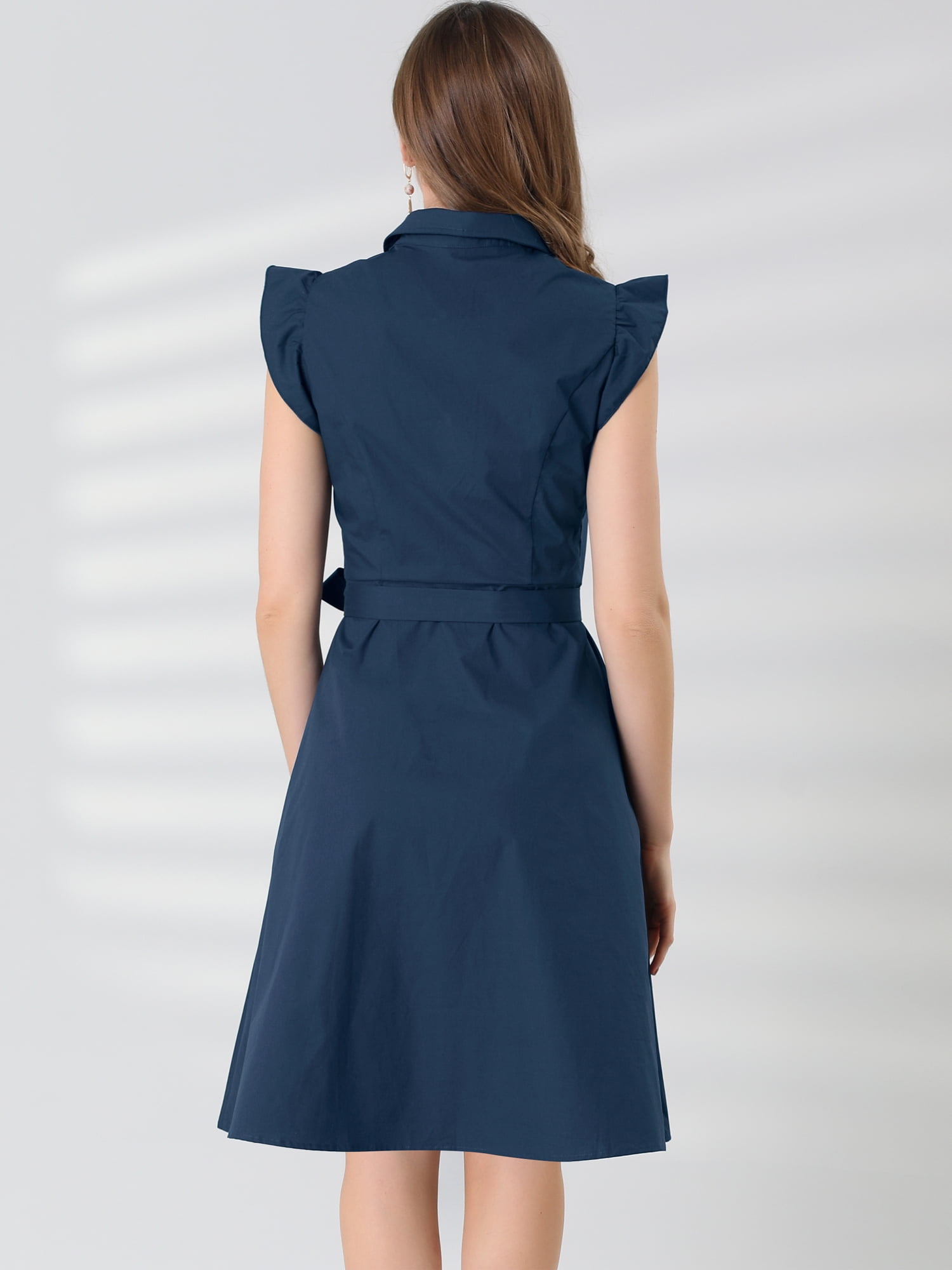 DARING DIVA Ruffled Sleeve Button Down Belted Knee Length Shirt Dress S Navy Blue