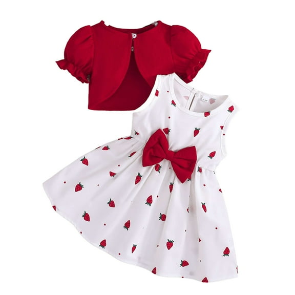 WOYY Girls Strawberry Print Sleeveless Bow Dress Short Puff Sleeve Cape Outfits, Sizes 9-12M