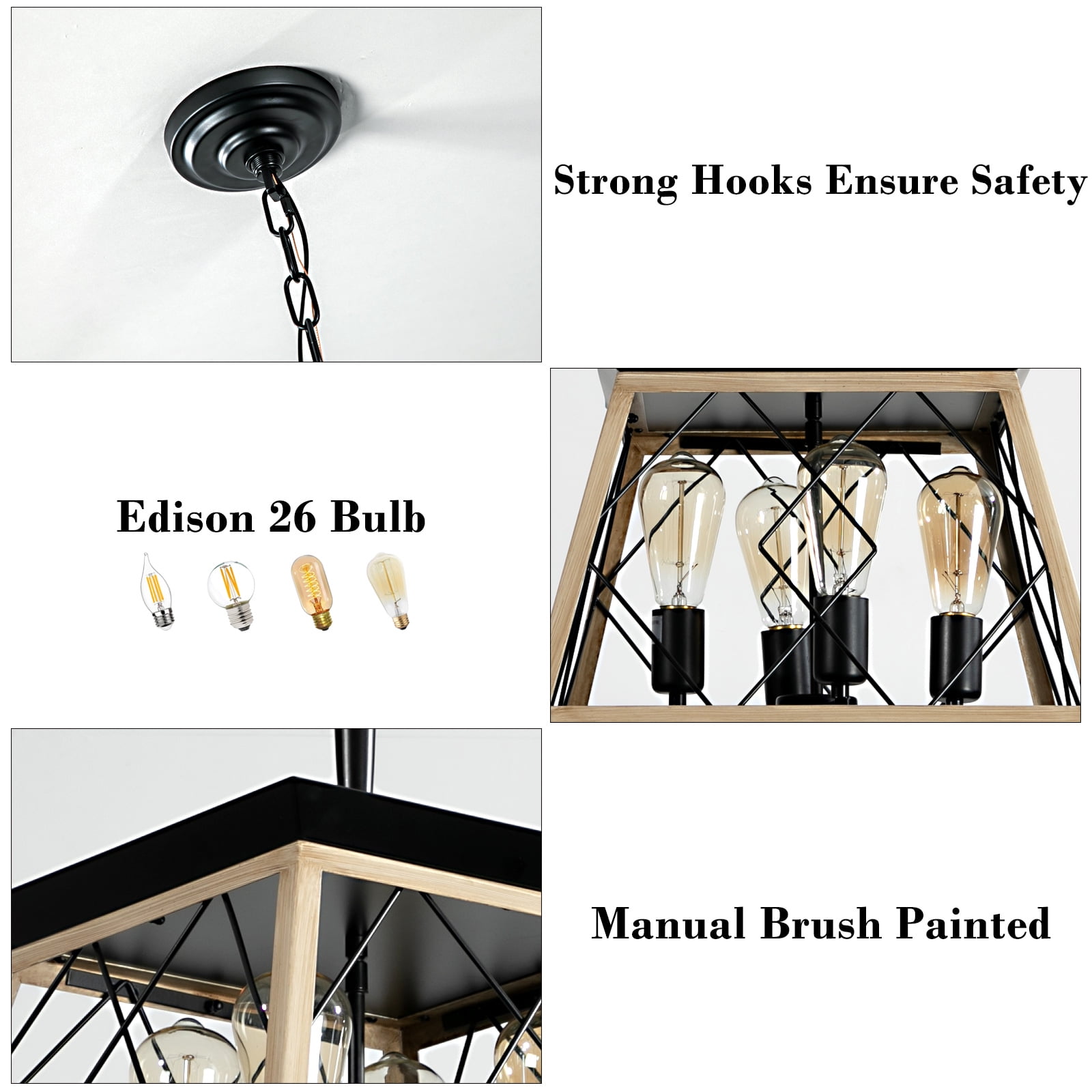 4-Light Farmhouse Vintage Chandelier, Rustic Pendant Light, with Faux Wood Finish, Adjustable Chain Industrial Fixture for Dining Room, Foyer, Kitchen Island, Oak E26 Base