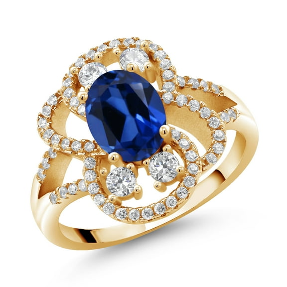 Gem Stone King 18K Yellow Gold Plated Silver Statement Ring Set with Oval Blue Created Sapphire (3.12 cttw) (Size 6)