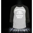 thumbnail image 2 of Shop4Ever Men's Distressed Pancakes Served Daily Funny Football Raglan Baseball Shirt XX-Large Heather Grey/Black, 2 of 4