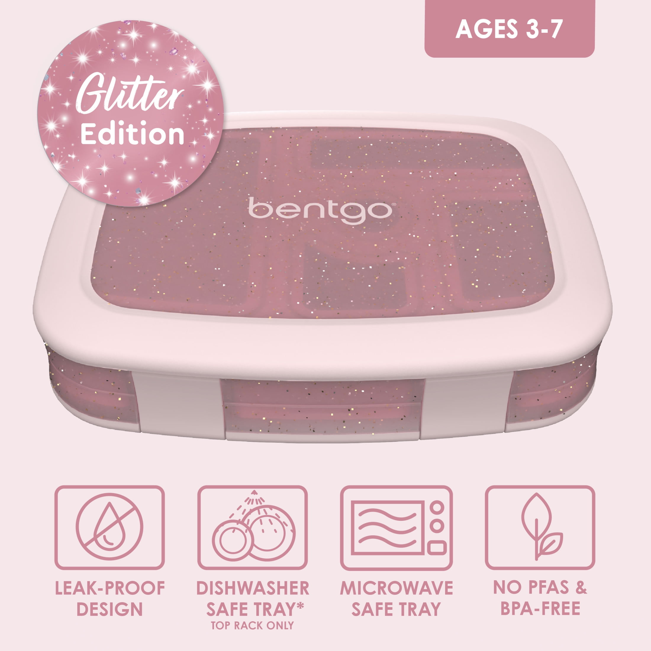 Bentgo Kids 5-Compartment Lunch Box - Glitter Design for School, Ideal for Ages 3-7, Leak-Proof, Drop-Proof, Dishwasher Safe, & Made with BPA-Free Materials (Glitter Edition - Petal Pink)
