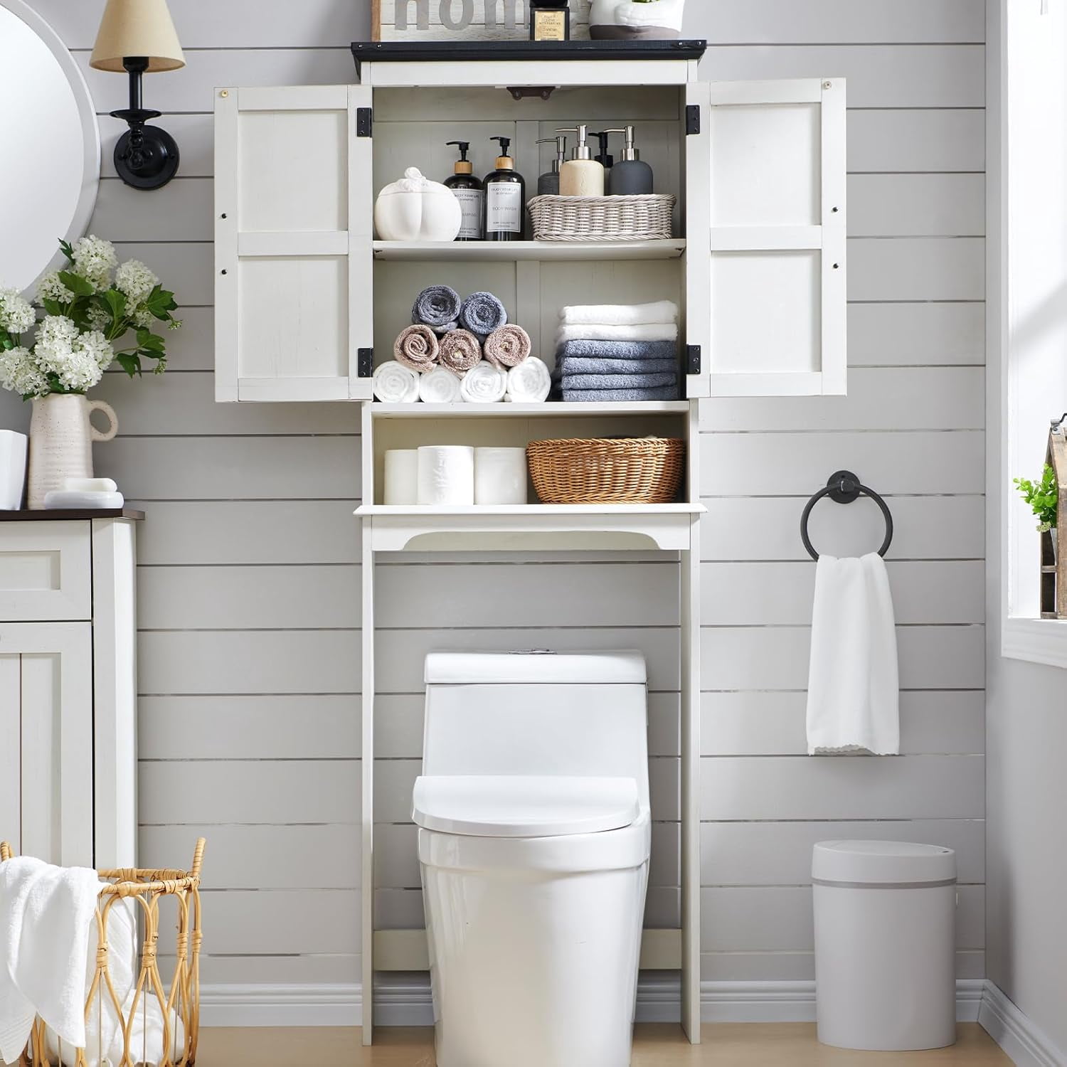 ZYPPP Over The Toilet Storage Cabinet, Farmhouse Bathroom Cabinet with Adjustable Shelf & Barn Door, 67" Tall Over The Toilet Shelf, Off White