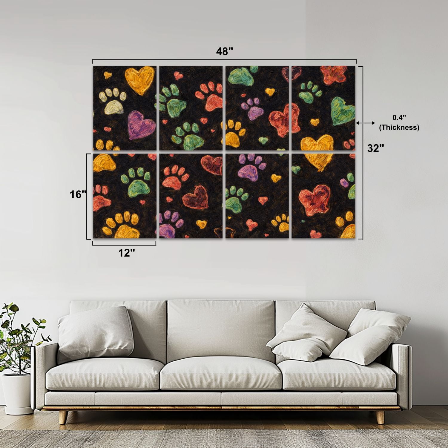 Rustic Farmhouse 8 Pack Art Acoustic Panels Sound Absorbing Colorful doodle paw fabric black Decorative Soundproof Wall Panels Self Adhesive for Nursery Game Room Bedroom 48"x32"