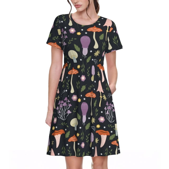 Bixox Robe d'Été à Manches Courtes pour Femmes Robe Ample Longueur Genou avec Poches-Champignons