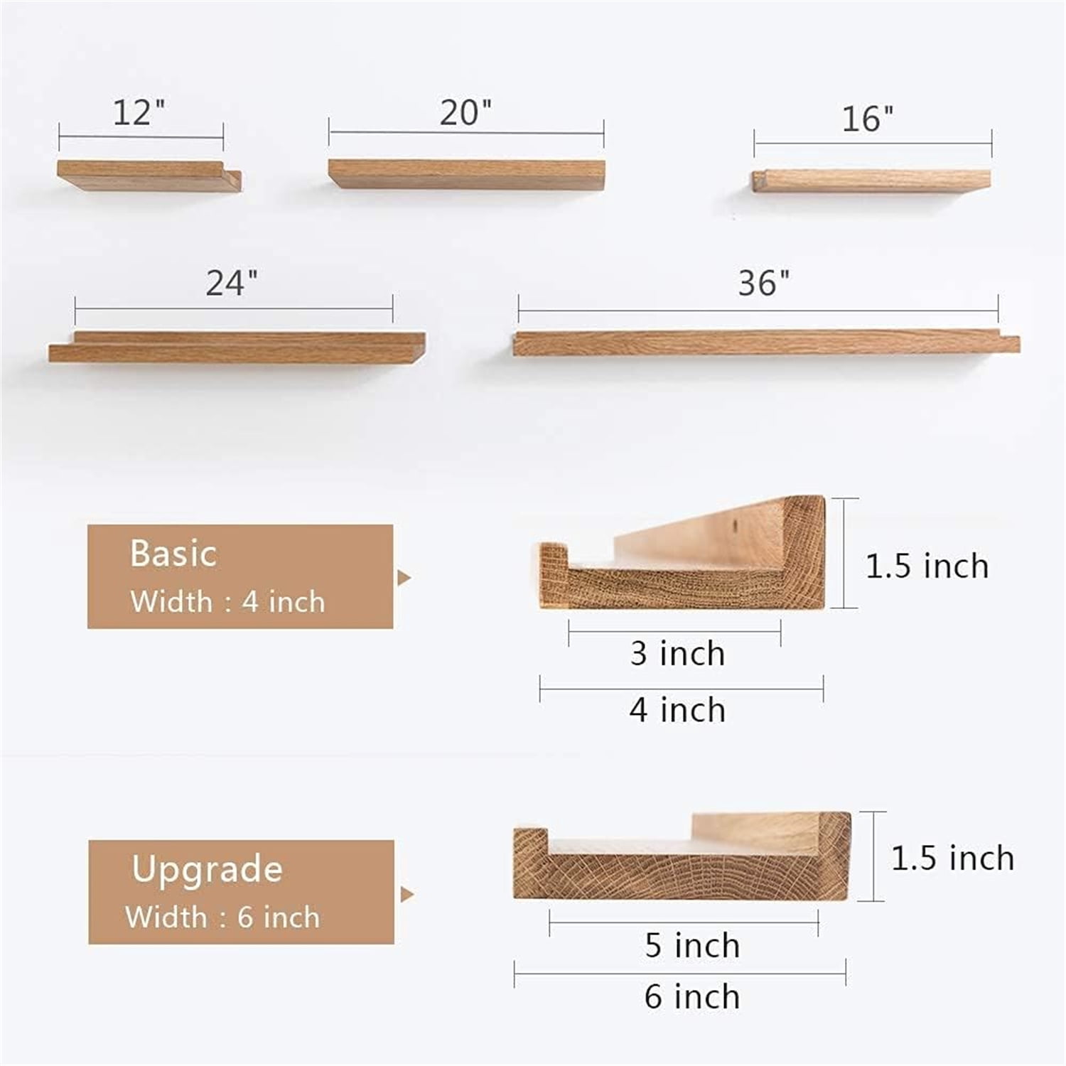 Oak Floating Shelves Natural Wood Wall Mounted Display Picture Ledge for Home Office Living Room Bedroom Storage 6X32 Inch