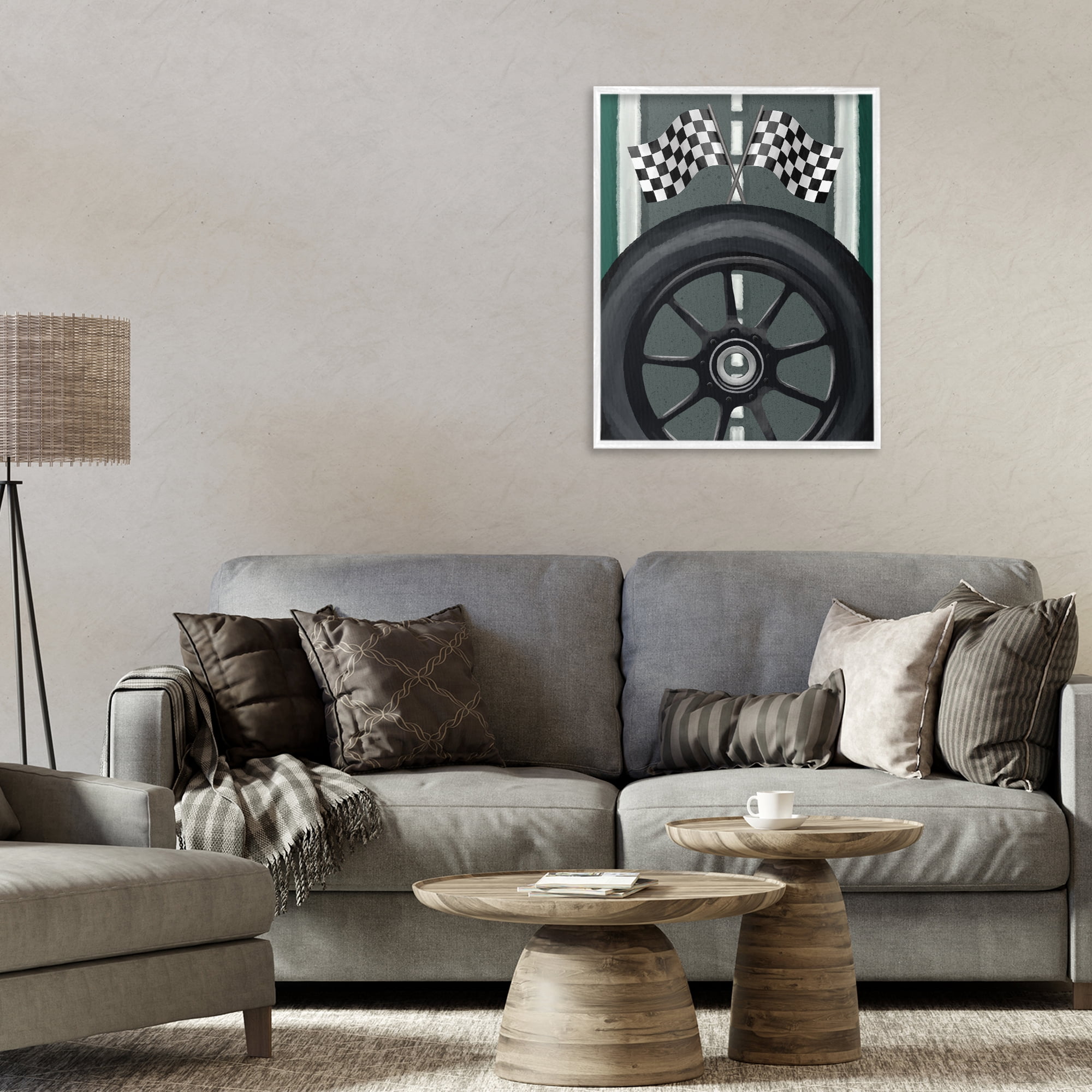 Stupell Industries Racetrack Flags & Tire White Framed Giclee Art, design by Jennifer Stith