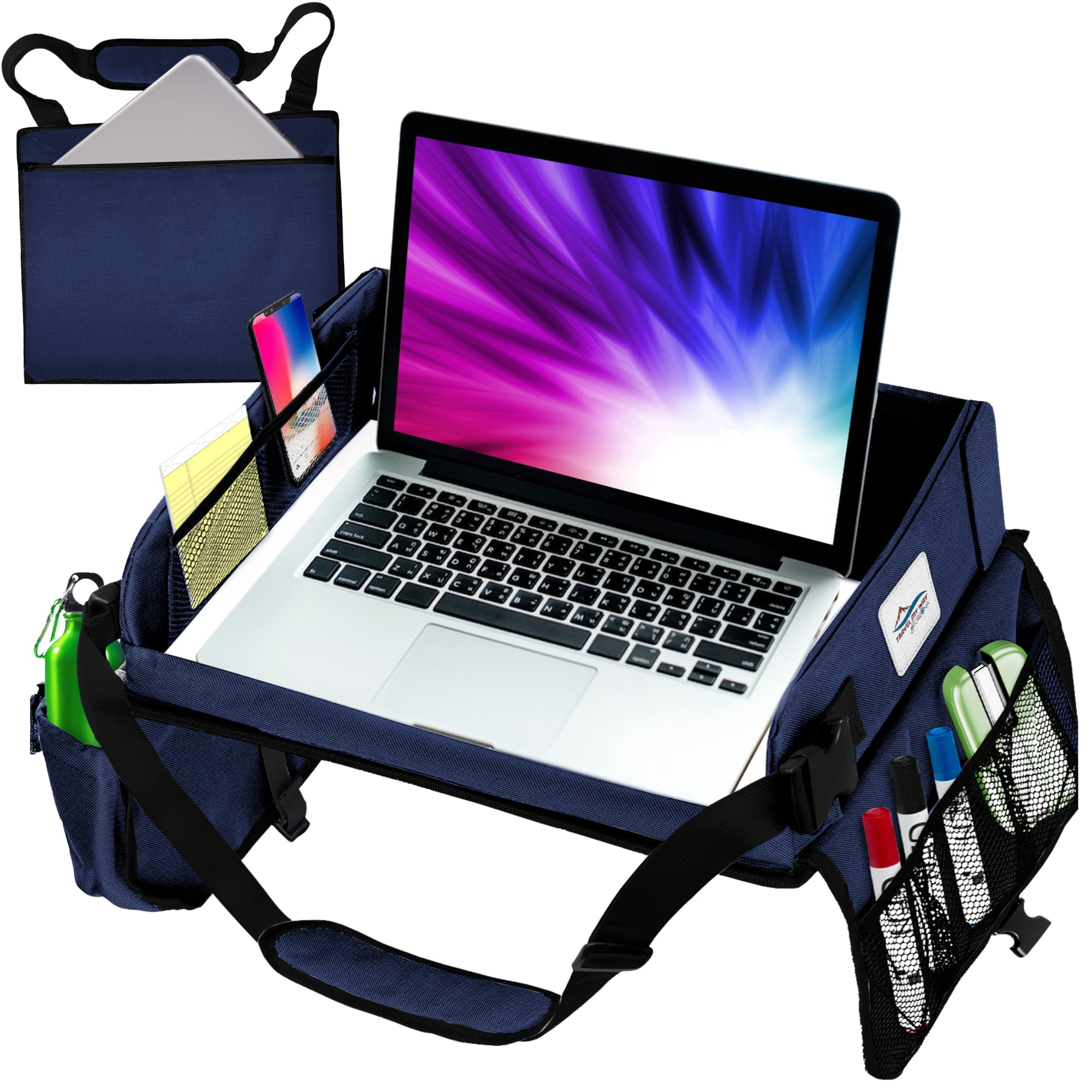 Cerizona Travel Lap Desk - Travel Tray,  Portable Lap Desk for Car, Remote Work, Trips, School - Storage Pockets, Laptop Tablet Sleeve, Adjustable Carrying Strap - Fits up to 15.6-Inch Laptop (Navy)