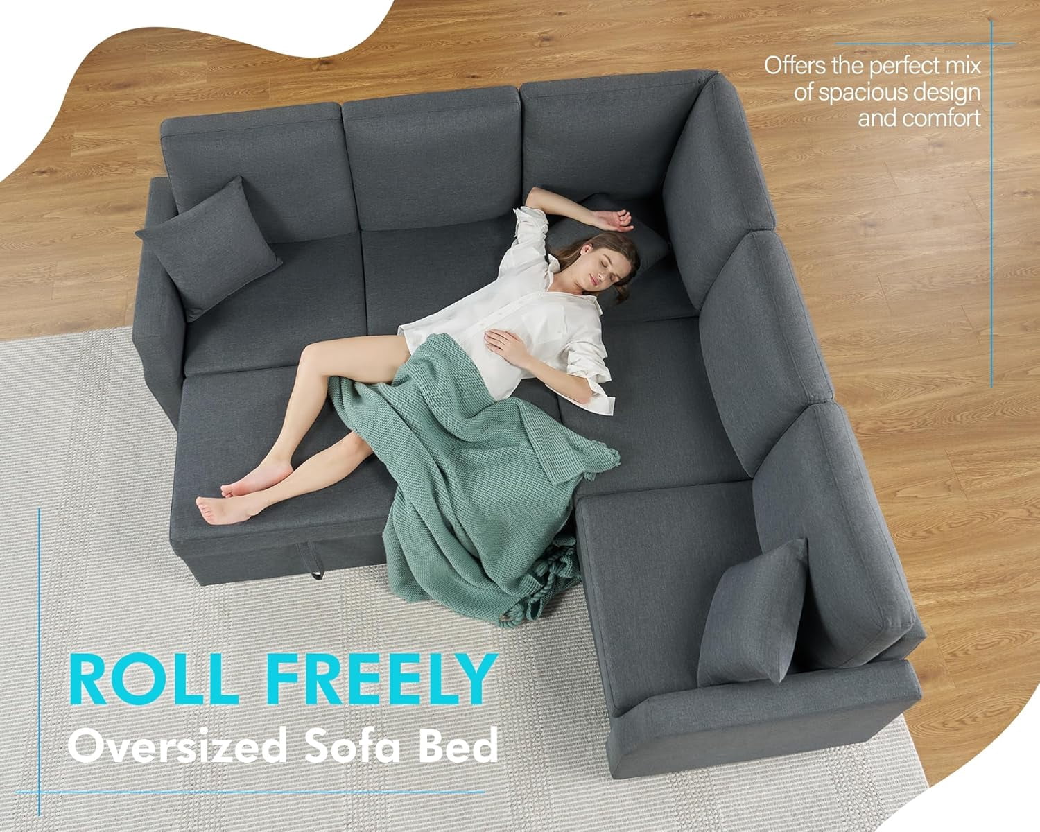 VANACC 85" L Shaped Sleeper Sofa Bed with Pull Out Bed and Storage Seat, Grey Linen Sectional Couch for Living Room Apartment