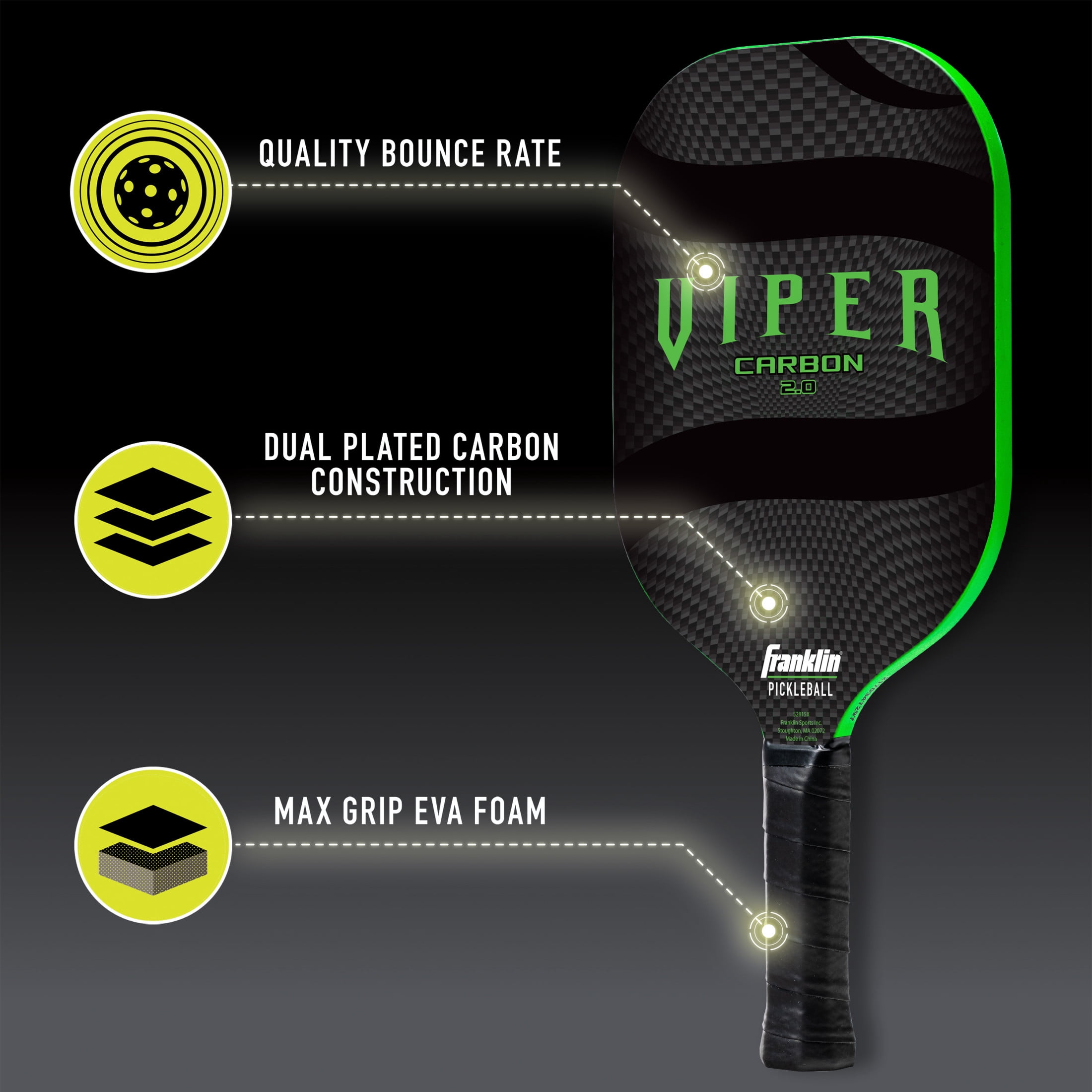 Franklin Sports Viper Pickleball Paddle - 13mm Poly Core Racket - Green